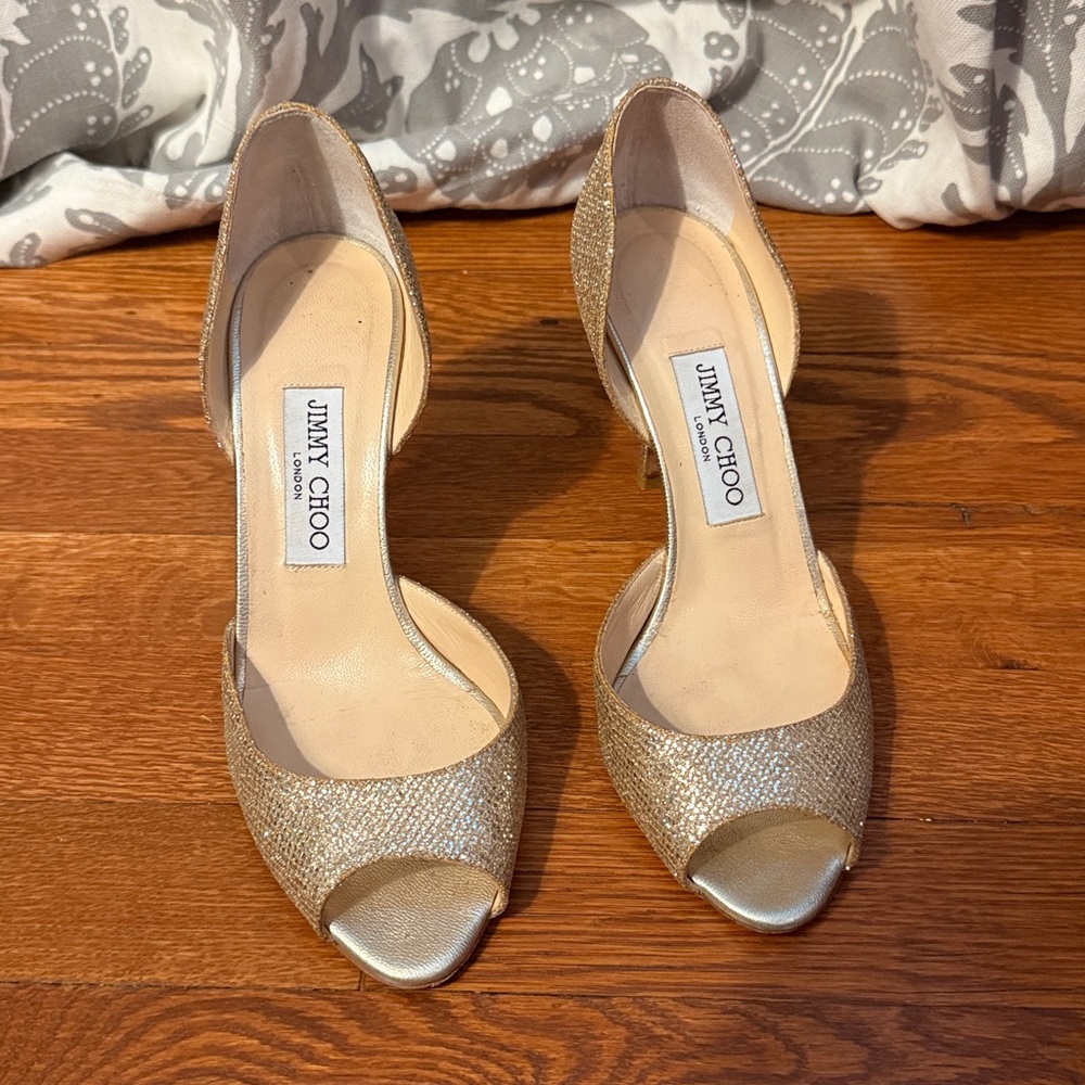 Jimmy Choo Shimmering Gold Open Toe Heels